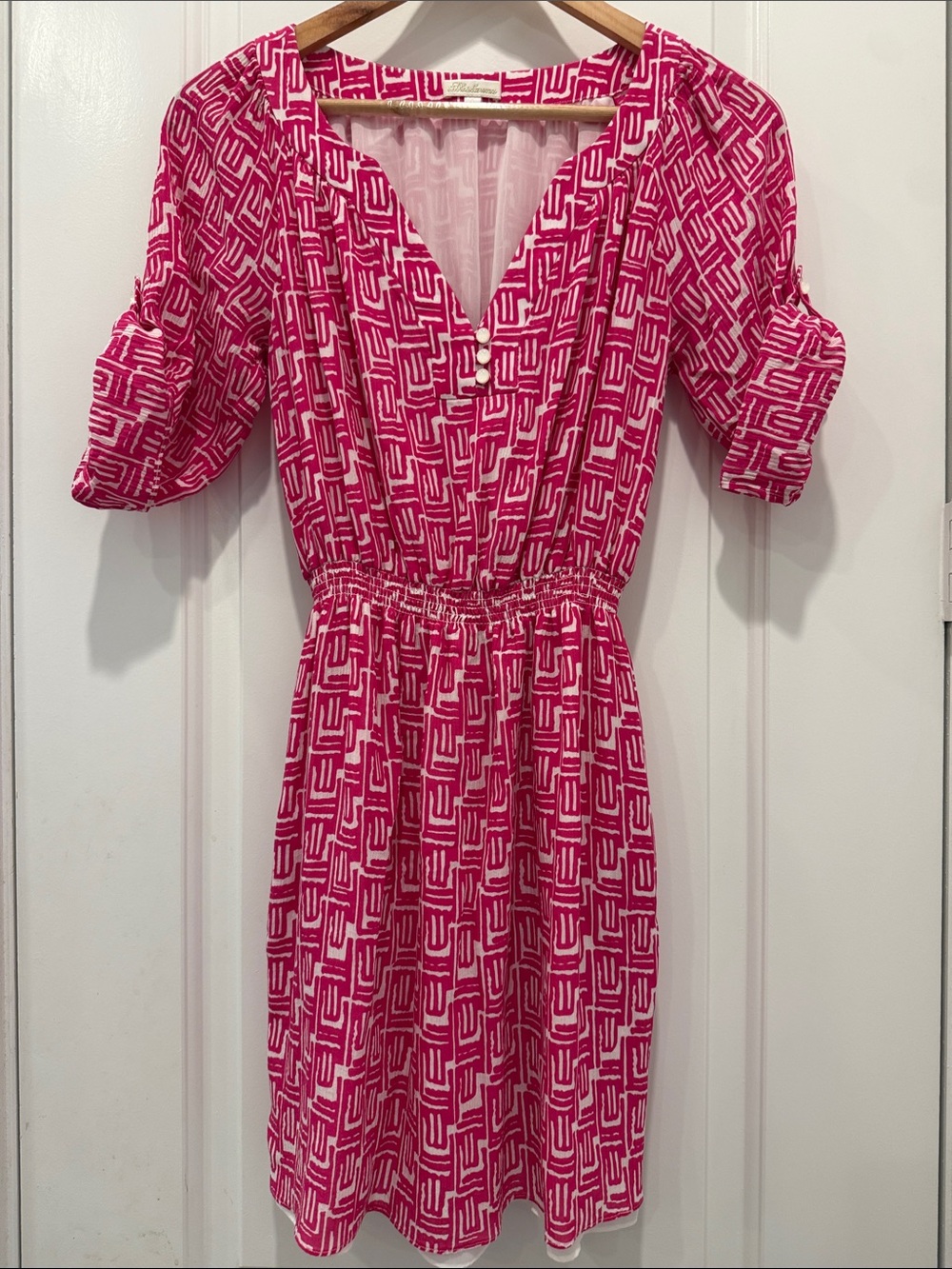 Shoshanna Fuchsia Geo-Print V-Neck Mini Dress